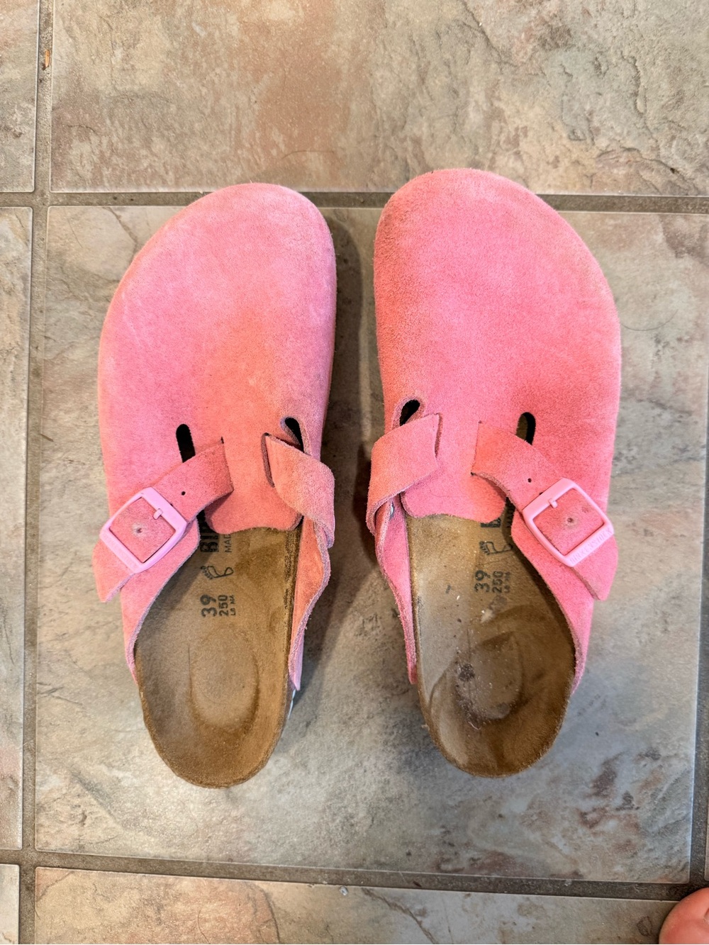 Birkenstock Pink Suede Buckle Clogs